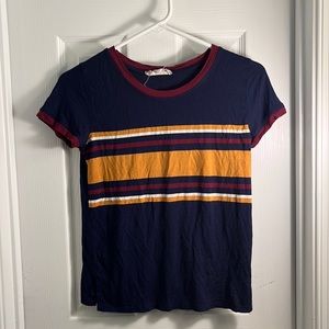 Pink Rose striped t-shirt. Navy, burgundy, yellow, maroon.